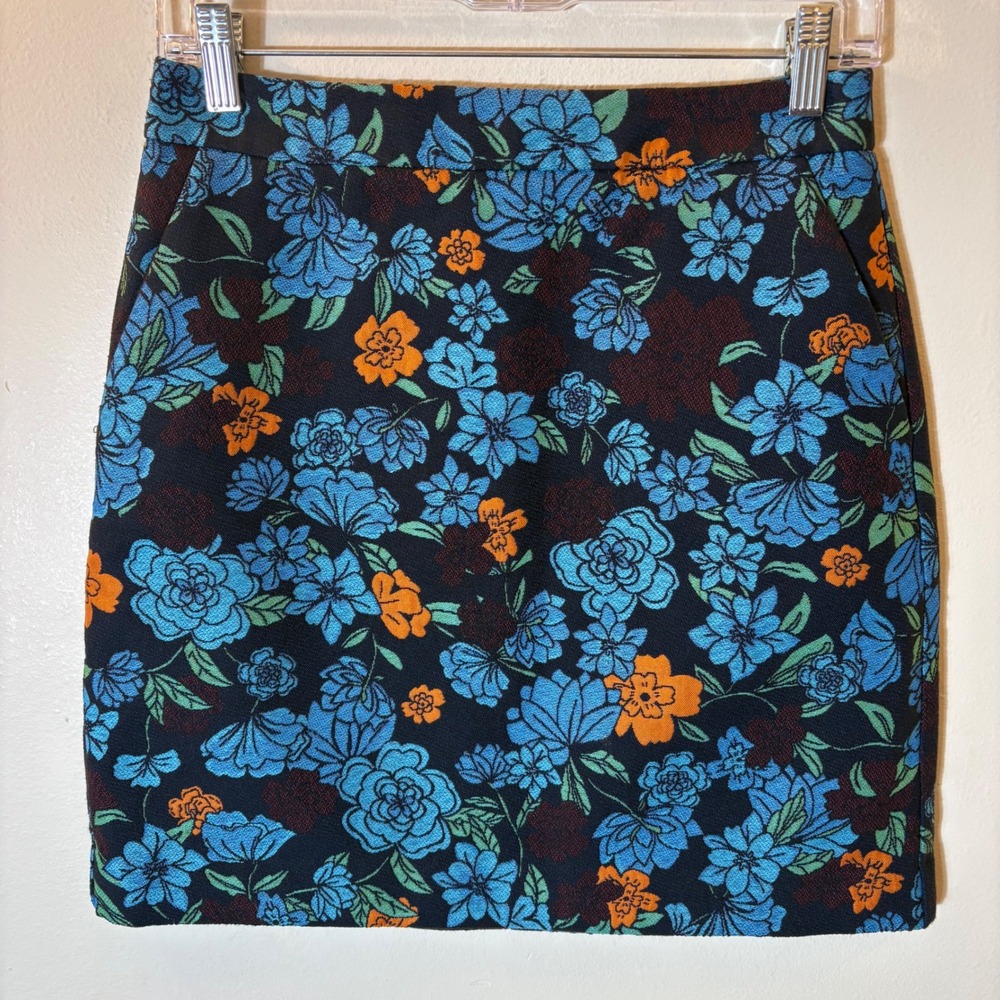 LOFT Floral Tapestry Mini Skirt Blue Orange Jacquard Size 0